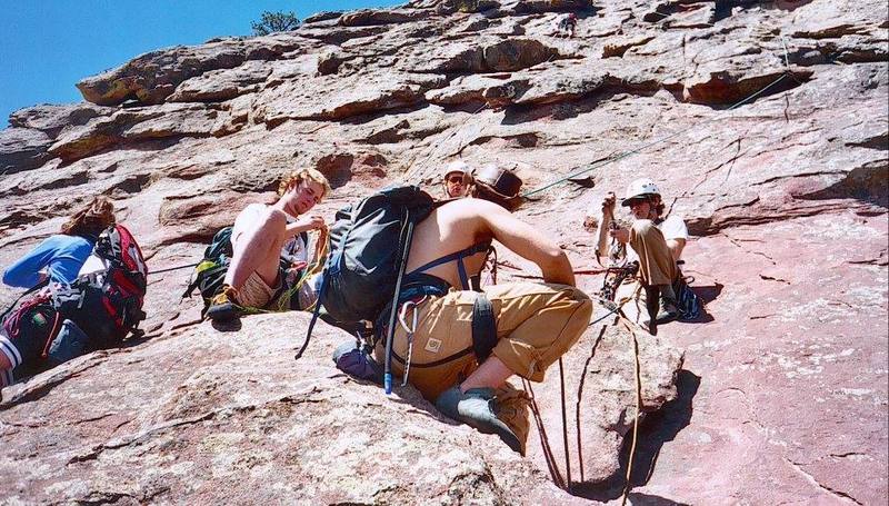 A typical crowded day on the Direct...  This is the second belay stance.