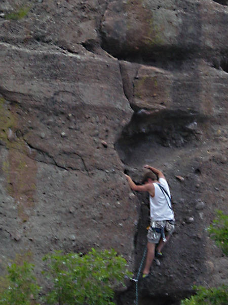 At the crux, trusting those feet, my second lead.