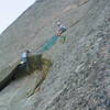 Tom and Judy on Fat City Crack.  Photo taken from Pear Buttress (aka safety).