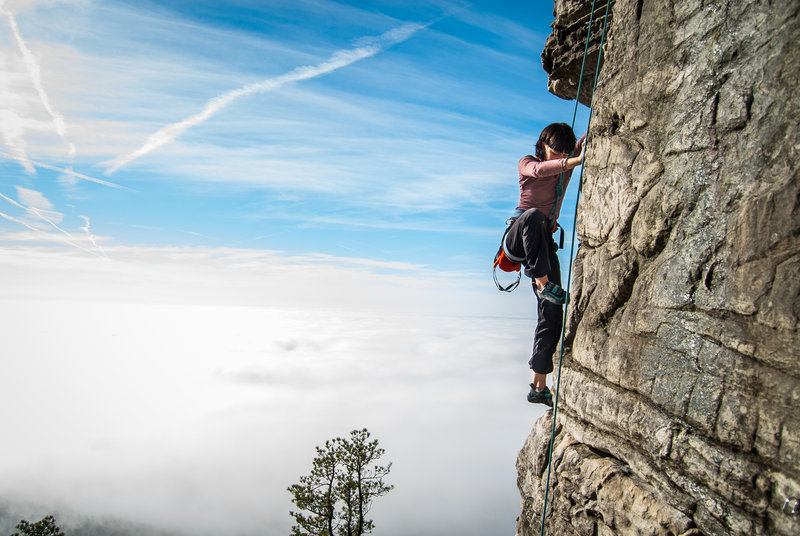 Bryn Cowan on KMA on a foggy day! Climbing above the clouds.