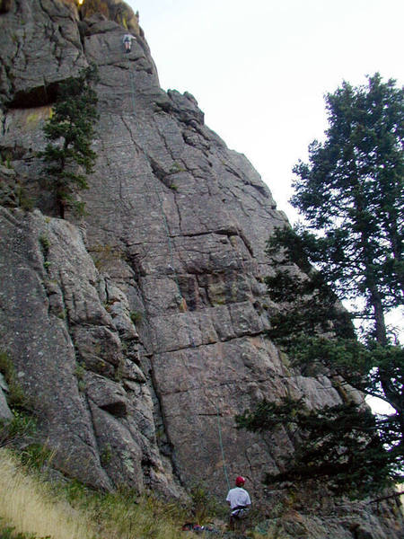 Another shot of Fogline showing the whole route, taken by Tom Pietrykowski (Petro). I Spy follows the corner system to the left. Crooked Cross is around the right side of the formation, facing the river.