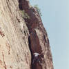 Chris Russelavage - following Chad McFadden on Monster Crack.  Unique climbing with positive holds on either side of the massive flake.  Pic. by Mark Johnson.