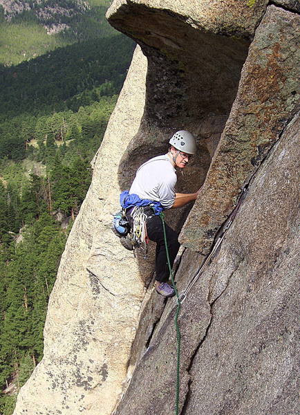 Ted Handwerk at the undercling traverse on the second pitch.