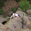 Brendan Sheehan half-way up the arete.