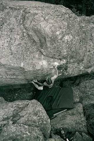 Justin Jaeger after landing the thrutchy crux move on Girlfriend's Backside, by Chip Phillips.