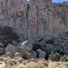 I found the other beta photo to be a little confusing. After the pod, just stay left for the 5.7 variation. You can see the climbers in the photo with their gear anchor in the diagonal crack at the top.