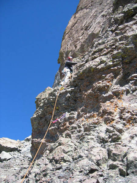 Past the inital overhang on the summit pitch.