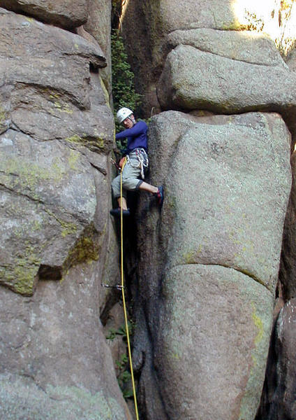 Tom grunting his way up the chimney section of Rawhide.
