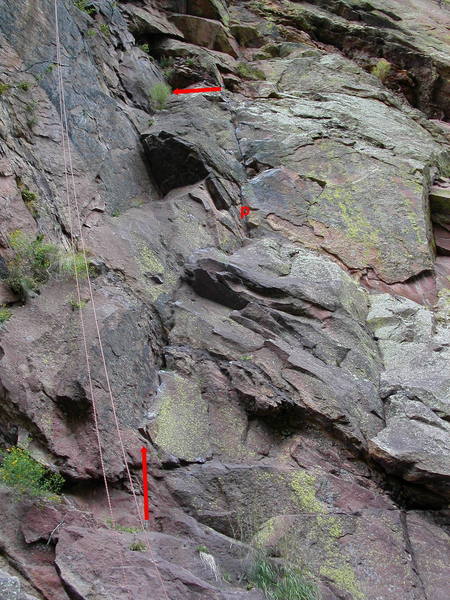 The first pitch of Redguard Route, aka the Birdwalk.  The crux is at the steep headwall by the pin.