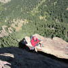 "Downclimb to the break" -- James at the rap station in the break, belaying Jason on the downclimb