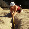 Marga Powell jamming the easy crack to the summit.