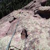 Looking down the long second pitch from the ridge. My first 200 foot runout.