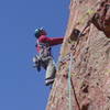 Ron Olsen traversing left at the start of the second pitch.