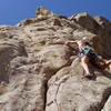 Mike Borkowski leading the third pitch.  The crux is above and to the left, where the thin crack in the corner disappears.