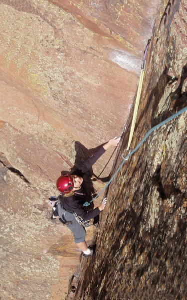 Christa Cline on the slick corner at the top of the fifth pitch.