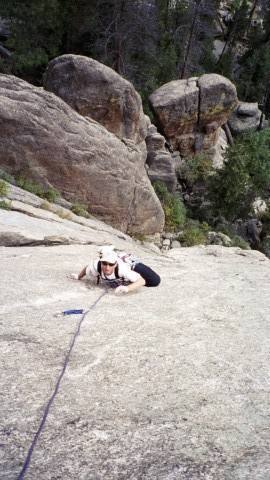 Approaching the hanging belay near the crux on the first pitch.