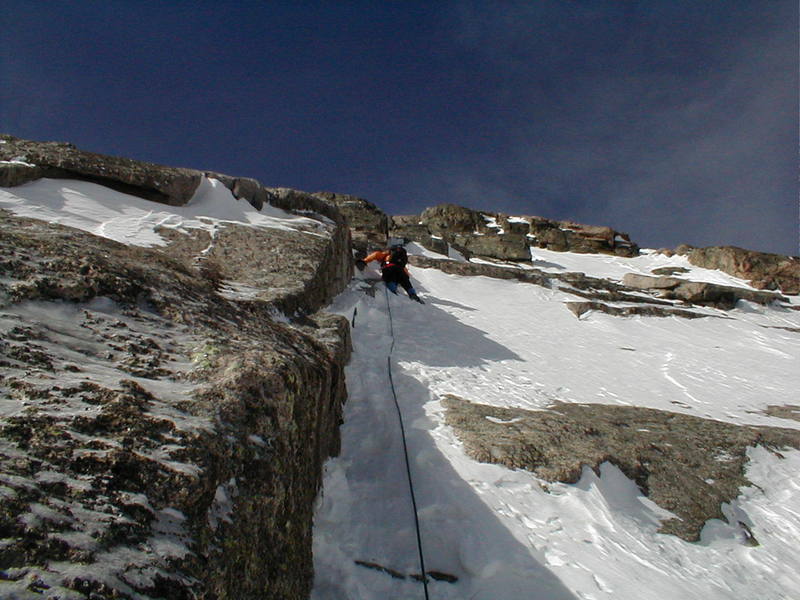 4-13-03<br>
  A picture of an April climb just to show the variety of conditions posible.  Almost entirely snow on this day.  