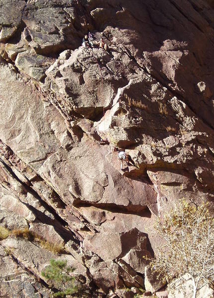 The first pitch with climbers at the optional belay.