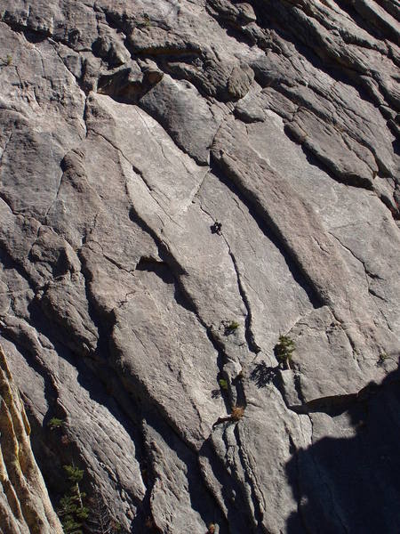 Unknown climbers on the second pitch. Photo taken from Orange Julius on 10/11/2003.