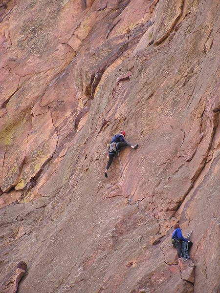 At the mantel after the crux reach on the std 3rd pitch...