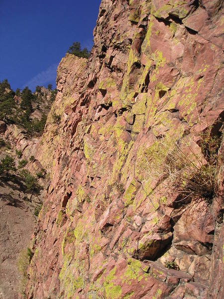 Along the loose traverse on pitch one.<br>
The crux is at the left edge, where the rock is tenuous.