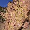 Along the loose traverse on pitch one.<br>
The crux is at the left edge, where the rock is tenuous.