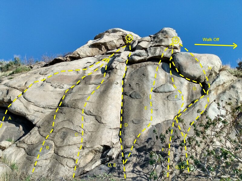 The Backyard, Box Springs Mountain Reserve
<br>

<br>
A. Puptacular (5.3 TR)
<br>
B. Paw Patrol (5.8)
<br>
C. Jesus of Suburbia (5.10a)
<br>
D. Jesus Crack (5.6)
<br>
E. Hey Zeus! (5.10c)
<br>
F. Cold Noses, Warm Hearts (5.9)
<br>
G. ADGTH (5.8)
<br>
H. Happy Tail Syndrome (5.12 TR)