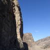 The prominent arete that marks the south end of the "Sundance Wall" from the base of Red-tail Wall..