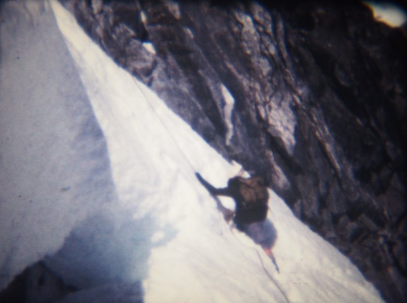 Earlyn Deans (later Earlyn Church) just above the 'shrund and starting the couloir (from Super-8 film 1967 )