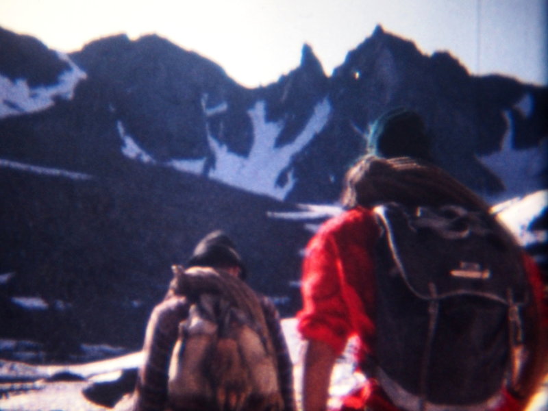 Will Merritt and Ken Andrasko on the approach to Houdin's Needle (1967, from Super-8 movie film) We climbed the snow couloir in the dead center of the photo, then climbed the ridge,one to the right, eventually continuing right to Friendship Col.