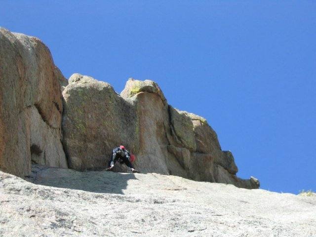 Luke leads the undercling on second (third from the ground) pitch. The 10a variation is the crack to left of climber.