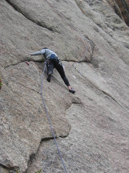 On the fun rightward traverse to the crux. This was easier than I expected. One 5.9ish move.