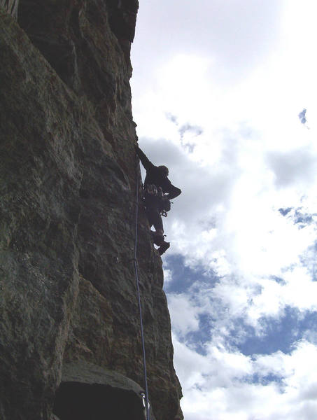 Mark slipping into the ever steepening third pitch of Higher Calling, Ra, Empire.