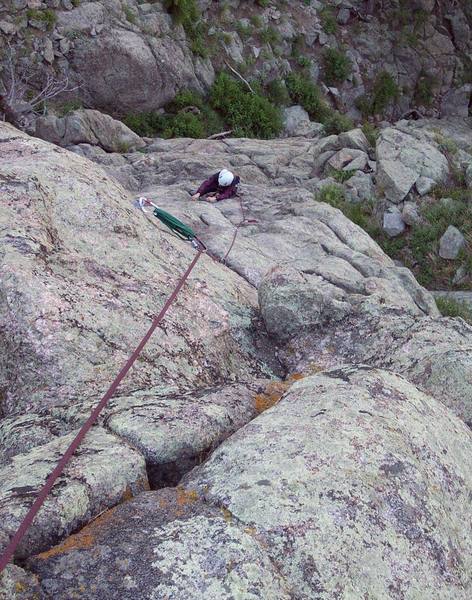 Annette getting ready to leave the p1 belay.