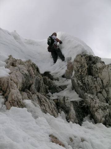 Photo by Avery N.<br>
<br>
This is the snow arete on the far right of the cornice if the cornice can't be climbed direct. July 3rd, 2004.