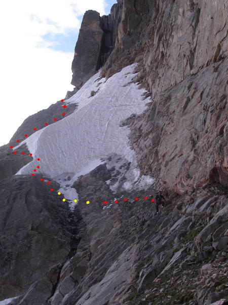 Mike Amato below the big snowfield on Broadway.  Photo taken on 8/1/04. This snowfield lies below the Windows/Obelisk routes, and blocks access from the top of Kor's Door over to the Crack of Delight rappels.<br>
<br>
Red dots show our route. Most of this section was wet and loose. Just after a short downclimb on the snow (not too difficult, but icy at the bottom) was a particularly slippery, loose and dangerous section marked by yellow dots.<br>
<br>
Mike soloed this, and had a mini-avalanche let loose under one of his feet.  He got across safely and then belayed me over.<br>
<br>
Traversing from the top of Kor's Door to the Crack of Delight rappels is NOT recommended: too many wet, loose, and dangerous spots (most with no anchors to belay) in addition to the one shown in the photo.