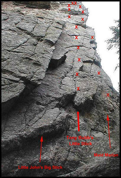 Tony Bubb's Little Stick climbs the face between Little John's Big Stick and Maid Marian.  For full value, avoid stemming left to the corner.<br>
<br>
Adapted from an original photo by Myke Komarnitsky.