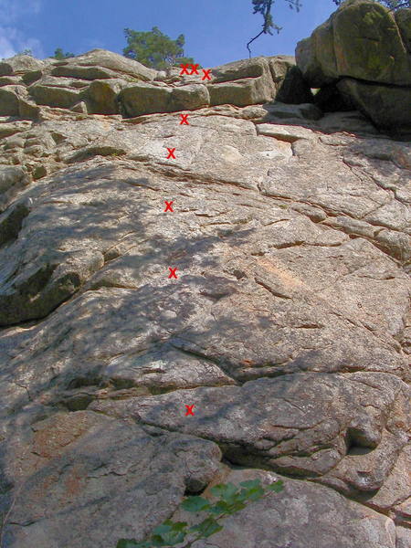 Body Count. Continuously difficult thin edging. The crux is getting from the second to the third bolt, and can be made easier (11a instead of 11c) by moving right, up, and then back left.  
