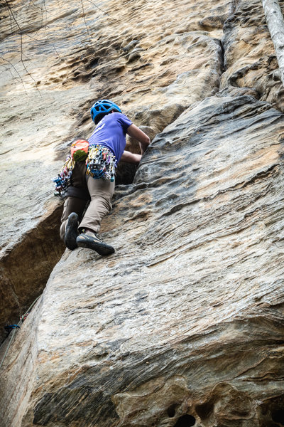 Wide crux to a perfect hand crack