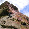 Mike Amato surveying the final slab move on Italian Arete.