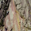 The P2 slab, taken from Anthill Direct. You can peer around the corner here to scope out Jules Verne. The slab is about 5.8. After turning the arete to the left at the top of the slab, there is a airy and steep 10b section with climbing a bit above a small but good nut.