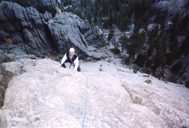 P3, not too runout.  Below, climbers at the White Whale, P1 belay.  Jeff Gunter.