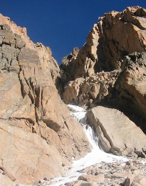 Base of the Martha climb on Mt. Lady Washington.  Taken from about 350' above the lake and 50' below the start of the first constriction.