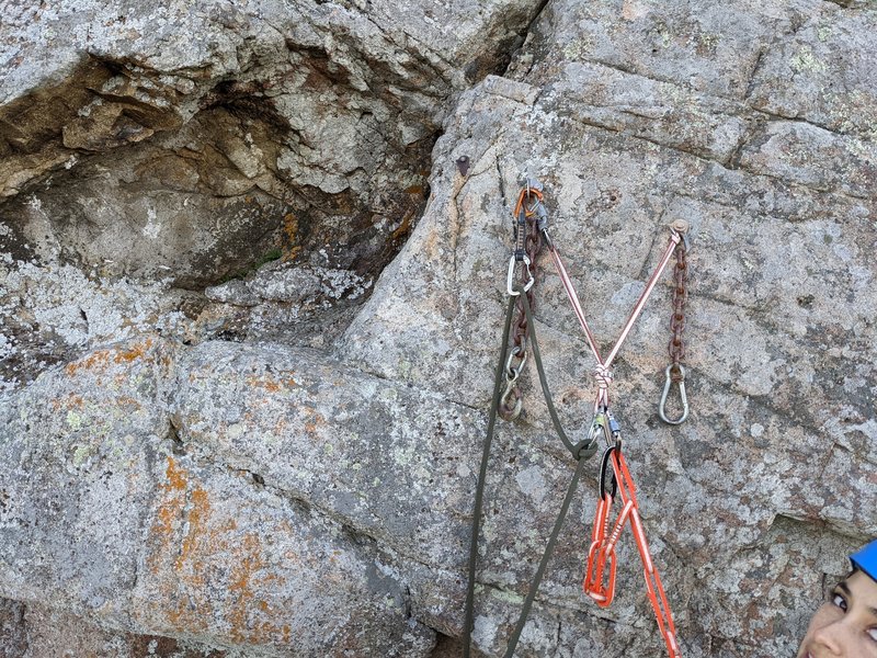 Rusty's Cave anchor. It nearly qualifies as a janker given it's location (forcing a hanging belay when a suitable ledge, the CAVE, is right there), & the pesky combination of welded split link joining the chain to the hanger and the not-so-courteous clip