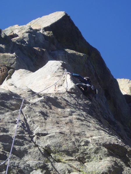 On the second crux. Moving right around the arete is pretty blind. There's a partial rest on the right before doing the arete moves.