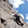 Bob D. starting the 7th (crux) pitch of Goss <br>
Logan.  9/26/04.  photo by kb.