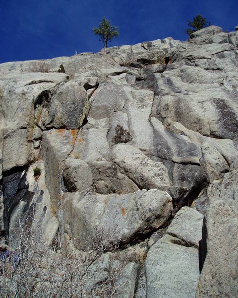 The route climbs the narrow slab right of the orange spot to just below the tree at the top center of the photo.