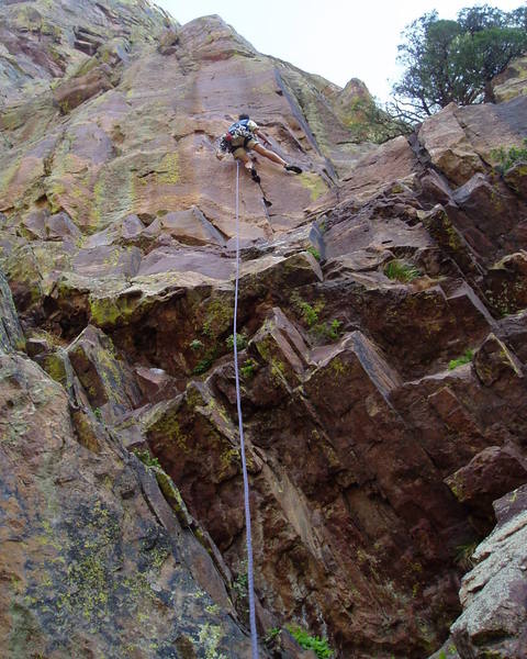 At the first bolt. It's easy climbing up to here except for the last few feet to the bolt, which is maybe 5.8. There's gear if you want it.