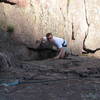 Andy is about ten feet below the crux of the Dihedral. Finding the feet and stepping left is the trick.