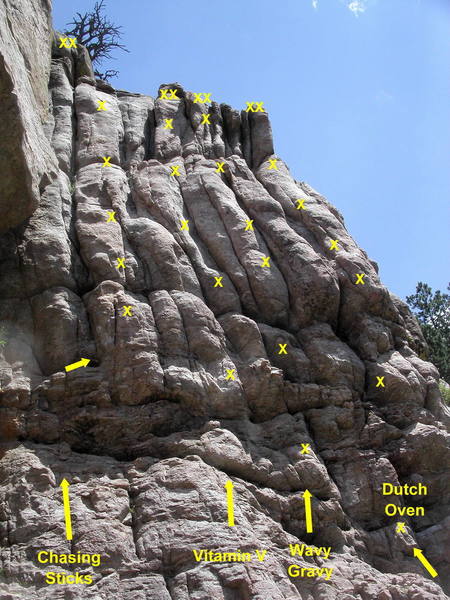 The west-facing wall on Surprising Crag.<br>
Routes are right of The Fix and left of Monkey Bob.<br>
<br>
The easiest start to Chasing Sticks climbs in from the left and steps right to clip the first bolt.